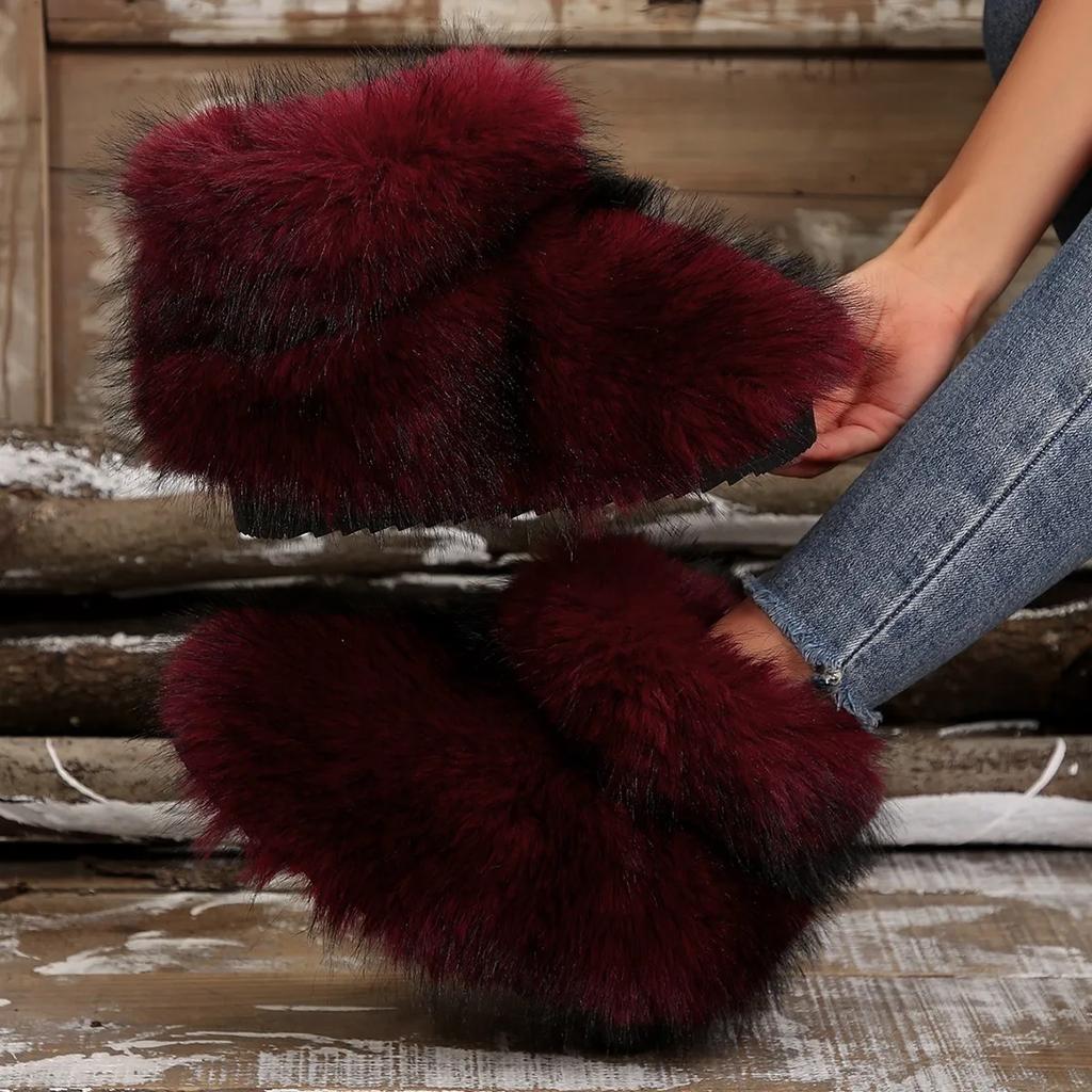 Fashion Women's Winter Snow Boots Outdoor Luxury Furry Faux Fox Fur Boots Woman Plush Warm Platform Shoes New Fashion Bottes Big Size