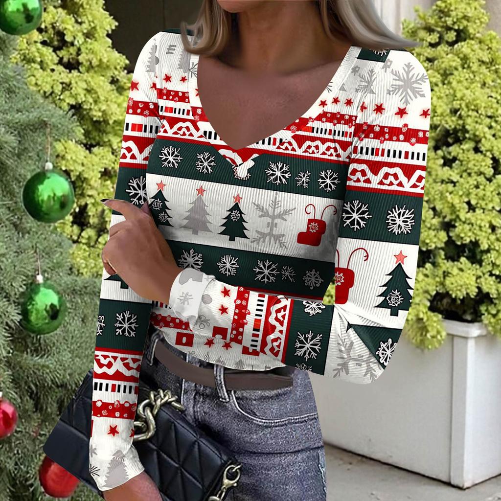 Women's Winter Slim-Fit Base Layer T-Shirt Fashionable Christmas Print V-Neck Pullover Long-Sleeved Top