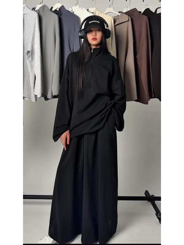 2025 Women's Casual Loose Drapey Half-Zip Top & Skirt Two-Piece Set