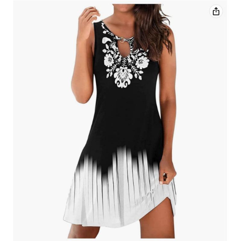 VEZFAA Женская мода лето весна цветочный узор печати без рукавов с круглым вырезом свободная талия повседневные платья