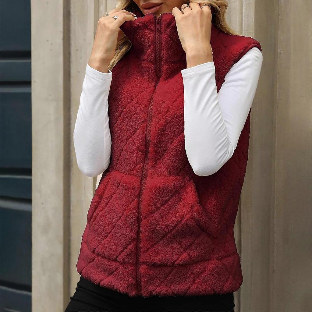 Women's Winter Fleece Vest Soft Zipper Vest Fashion Lightweight Vest Outdoor Vest with Pockets  Red XL