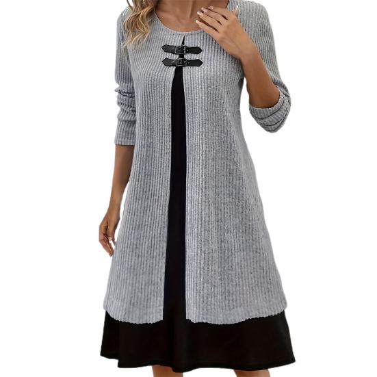 Осенне-весеннее женское платье из двух частей, трапециевидной формы с длинным рукавом, свободный подол, круглая шея, декор с пряжкой, вязаное мягкое цветное платье миди длиной до колена