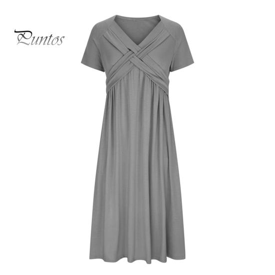 Женское летнее платье с плиссированным ремешком и V-образным вырезом с короткими рукавами, однотонное платье с карманами трапециевидной формы со свободным подолом, дышащее мягкое платье миди для свиданий