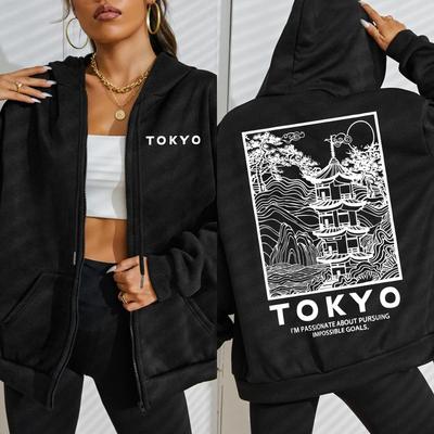 Токио Креативное Здание Дизайн Письма Сакура Женское Худи на Молнии Уличная Одежда Повседневное Свободное Худи Осенний Топ