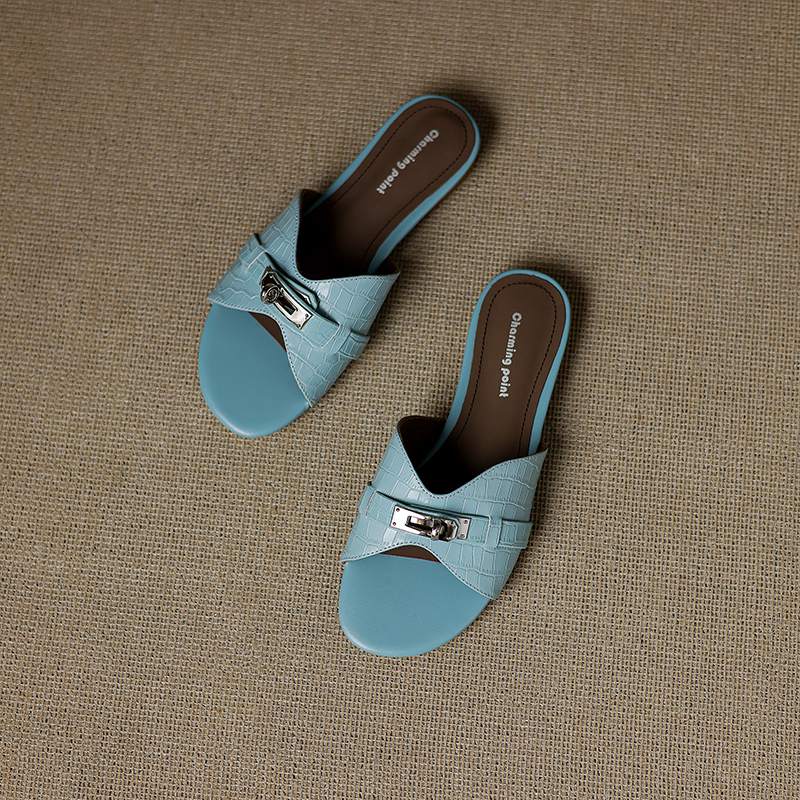 Krazing Pot Мюли из коровьей кожи, летние, размер 42, на низком каблуке, роскошные туфли с металлическими украшениями, женские, суперзвездные, женские, с открытым носком, сандалии без застежек