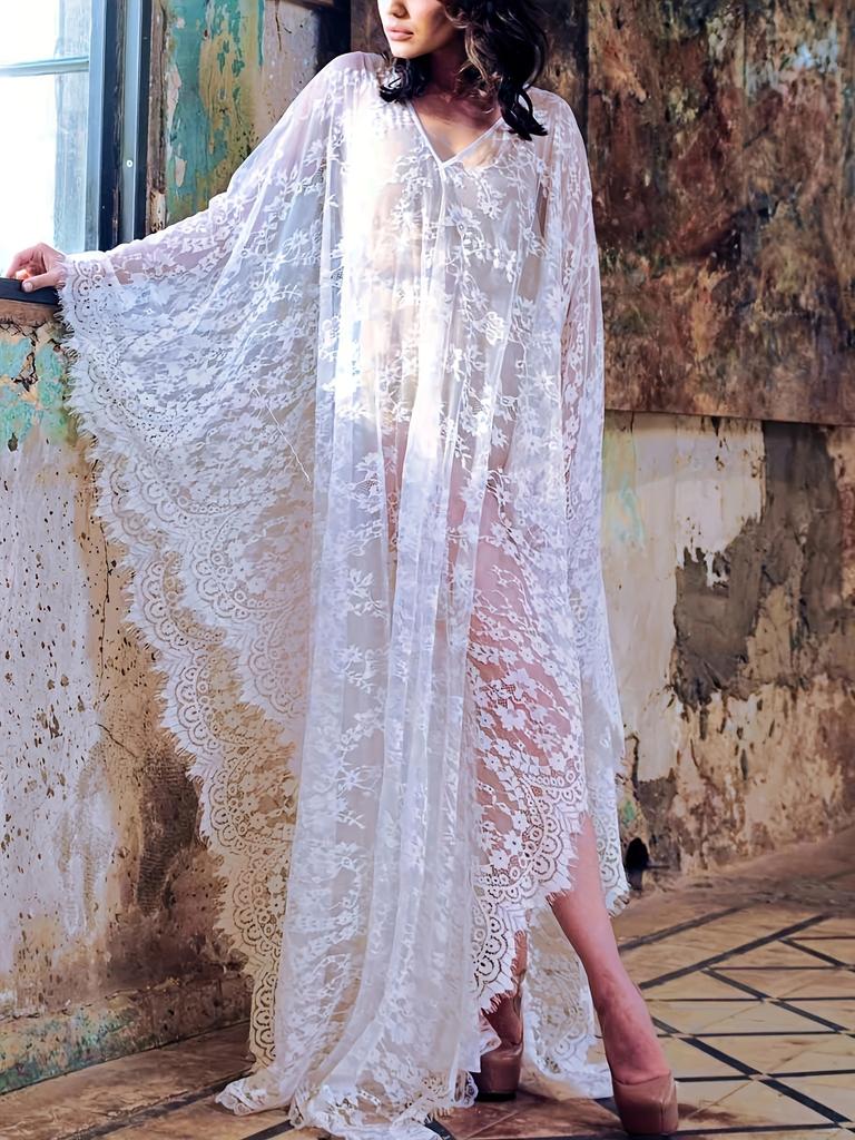 Плюс размер Boho Cover Up, женское цветочное кружево, прозрачное, простое, белое, с завязками на спине, с открытой спиной, рукавами «летучая мышь», макси, пляжное платье-кафтан без бикини