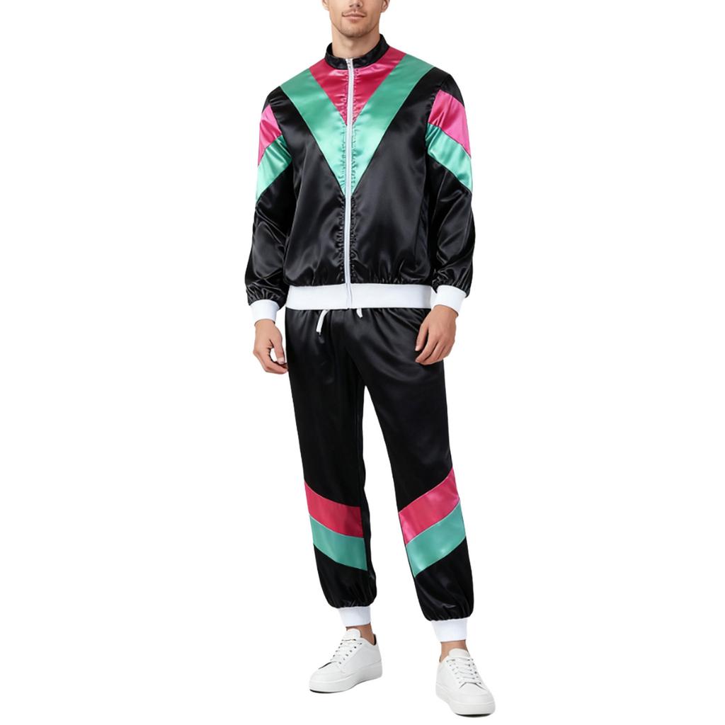 Женский спортивный костюм в стиле 80-х Color Block Сатиновый С воротником-стойкой С длинным рукавом На молнии Спортивный комплект
