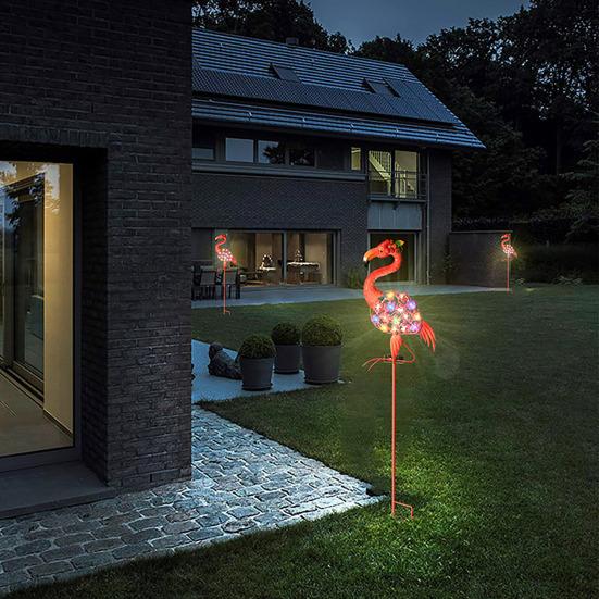Солнечный светильник в саду с фламинго, металлический дорожный столб с цветными светодиодными фонарями, водонепроницаемая вставка в землю