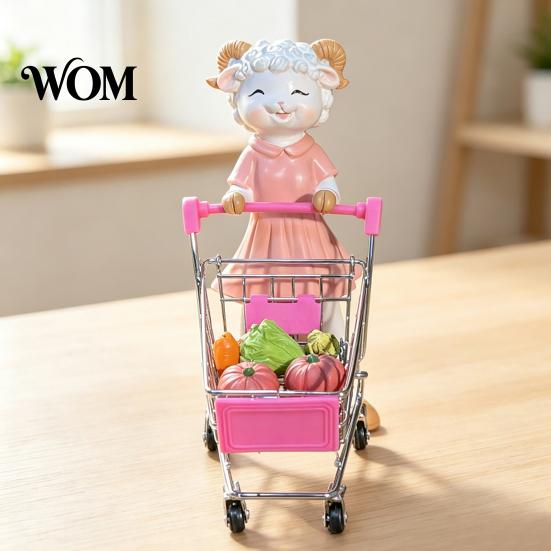 Cute Resin Lamb Figurine Cartoon Sheep Shopping Cart Figurine, Mini Grocery Trolley Toy with Lamb, Decorative Table Accessory Desk Decor for