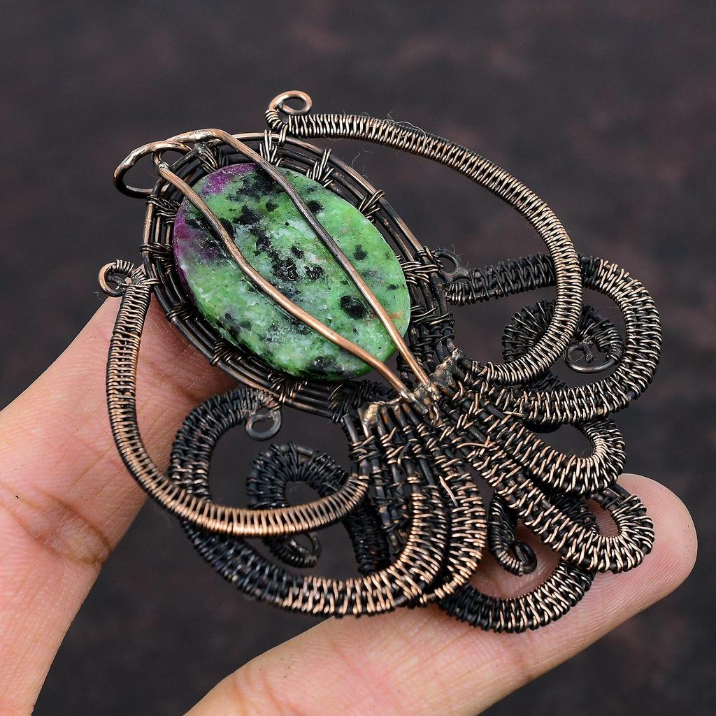 Подвеска из рубина и цоизита, подвеска из медной проволоки, ювелирное изделие в виде осьминога, подвеска из драгоценного камня, медное украшение ручной работы, подарок для него, ювелирное изделие в виде проволоки