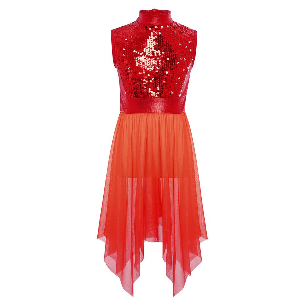 Girls Worship Praise Dance Tunic Dresses Mock Neck Sleeveless Asymmetrical Hem Shiny Sequins Bodice Dress Contemporary Dancewear