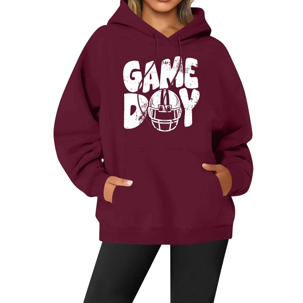 Women's Casual Fashion Solid Color Rugby Print Long Sleeve Hooded Sweatshirt Top