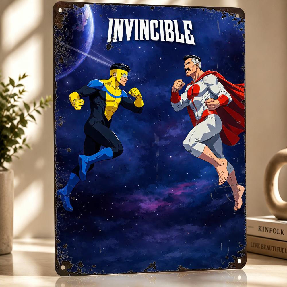 Invincible and OmniMan in Space Personalized D Textured Metal Poster Wall Art Vintage Tin Signs for Bedroom Stuff Decor Room