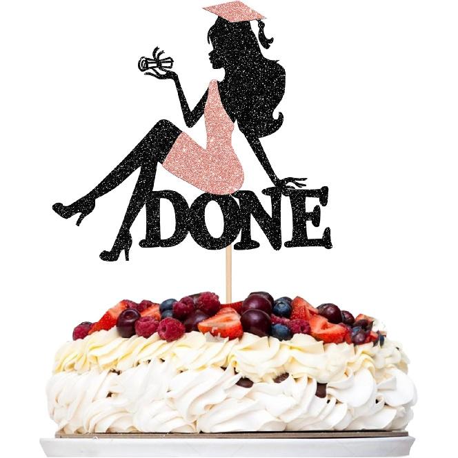 1 PCS High Heel Girl Graduation Cake Topper Black Pink Glitter Done Diploma Class of 2025 Congrats Grad Cap Cake Pick for 2025 Senior High School