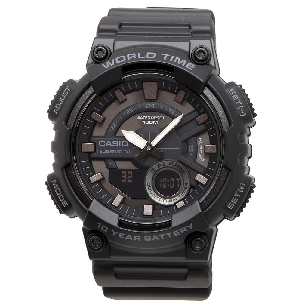 Casio Кварцевые часы с мировым временем и черным инвертированным ЖК-дисплеем, зарубежная модель AEQ-110W-1BV, мужские, аналогово-цифровой дисплей, черный, [Б/У]