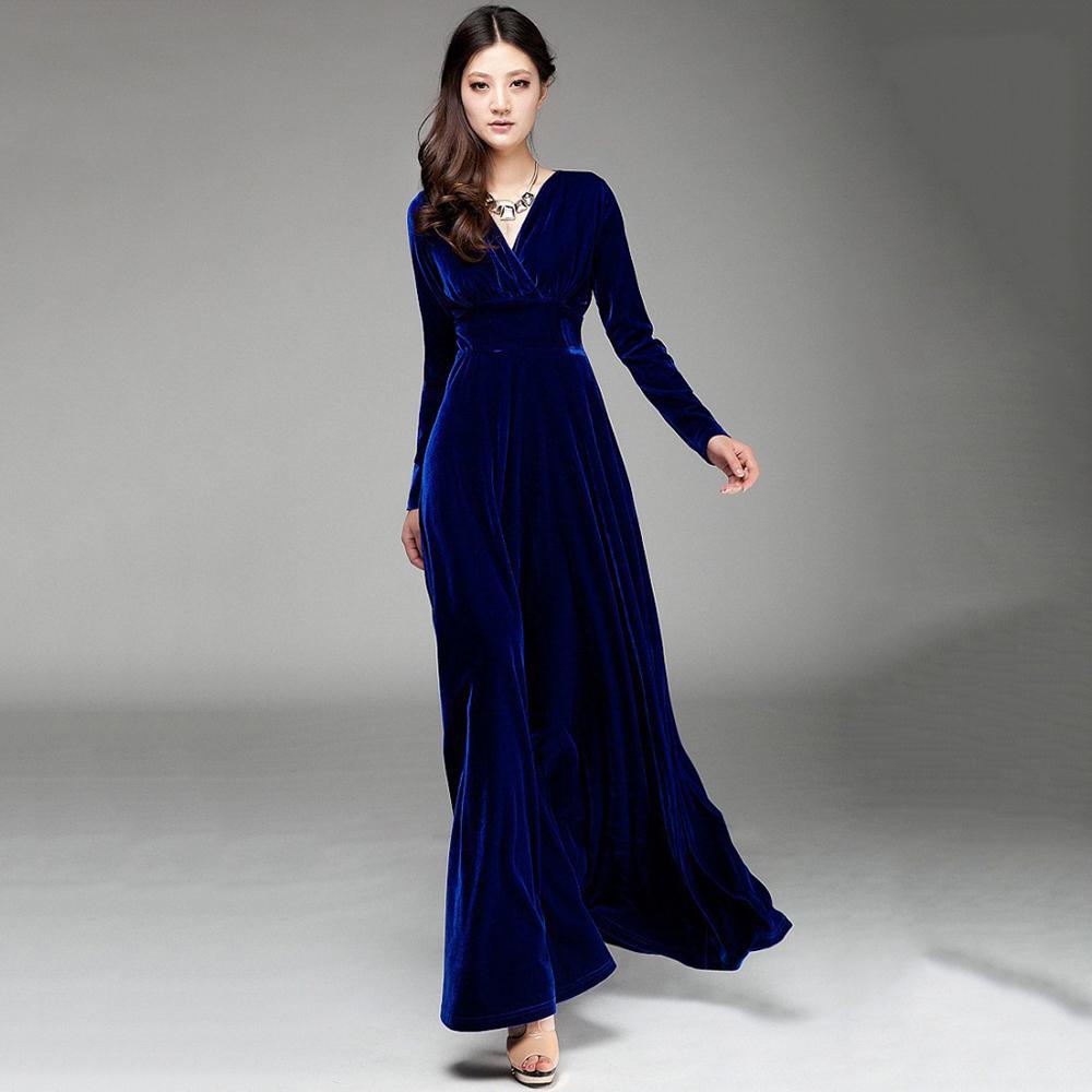 Womens Autumn Dress Velvet Long Sleeve V Neck .