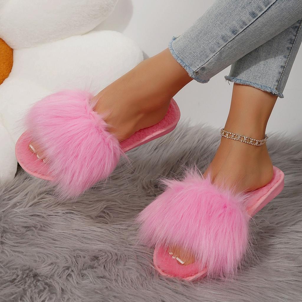 Fashion Slippers Women New Slides Casual Flat Low Heels Leisure Shoes for Women Solid Pink Blue Furry Fur Slippers Plus Size