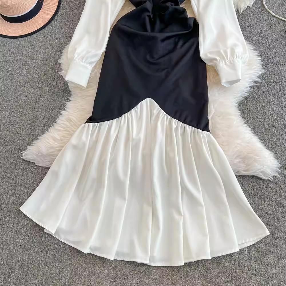 Платье-русалка французского осеннего черно-белого цвета, элегантное женское, с квадратным воротником, рукавами-фонариками, эластичное облегающее платье миди