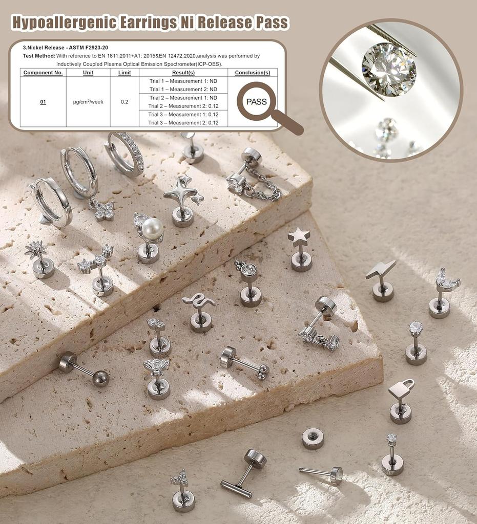 Серьги Bobisty 1 шт. для чувствительных ушей, серьги из хирургической нержавеющей стали для женщин, изящные серьги-гвоздики с плоской застежкой для хряща уха.