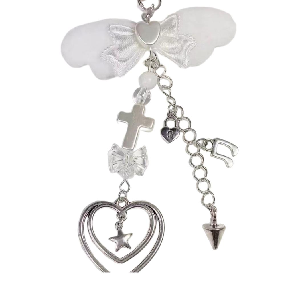 Handmade Angel Wing Phone Pendant Sweet Ribbon Bowknot Keychain Heart Beaded Phone Lanyard Acrylic Keyring Ornament