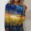 Tops For Women Sunflowers and Chrysanthemums Print Round Neck Long Sleeve T-shirt Fall Casual Slim Pullover Women's Long Sleeve Top