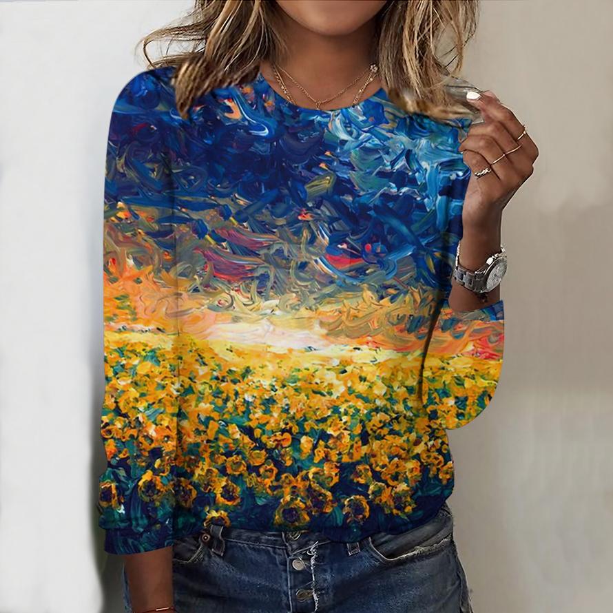 Tops For Women Sunflowers and Chrysanthemums Print Round Neck Long Sleeve T-shirt Fall Casual Slim Pullover Women's Long Sleeve Top
