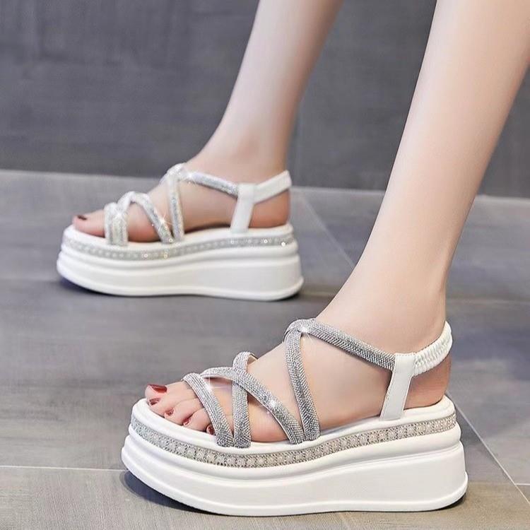 Polyurethane Ultra-lightweight Thick Bottom Heightening Fairy Wind Wear Rhinestone Versatile Internet Celebrity Muffin Slope Heel Roman Sandals Female