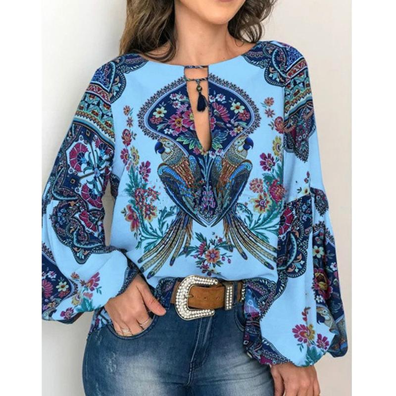 Women Bohemian Clothing Shirt Vintage Floral Print Tops Ladies Blouses Balloon Sleeve Shirt
