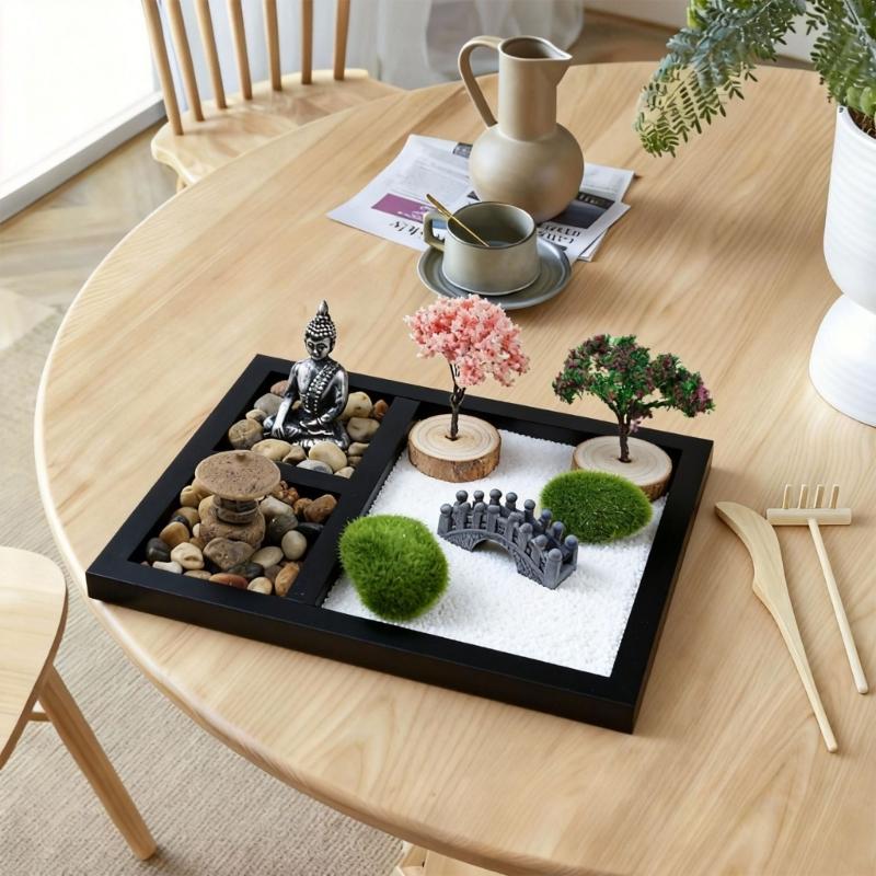 Japanese Zenes Garden for Desk Wood Sand Garden Zenes Decors Meditations Gift Sensory Therapy Tool Mindfulness Emotional