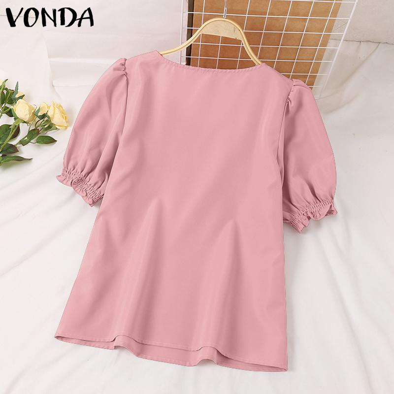 VONDA Летние женские квадратные V-образные вырезы с короткими рукавами, однотонные повседневные блузки