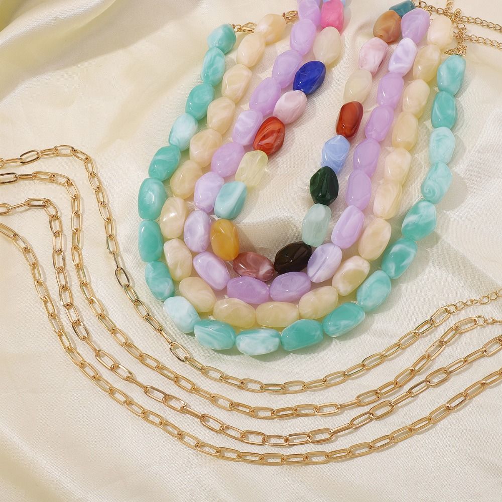 2Pcs/Set Stone Colorful Resin Necklace Multilayer Clavicle Chain Stone Beads Short Choker  Women