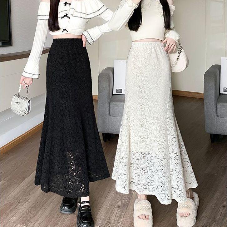 Юбка-рыбий хвост из кружева для женщин, узкая юбка с высокой талией и запахом на бедрах, универсальная, элегантная длинная юбка для осени и весны