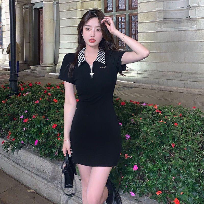 Корейское черное клетчатое платье, женское Kpop с воротником-поло, облегающее мини-короткое платье с запахом, модное облегающее платье, облегающие наряды