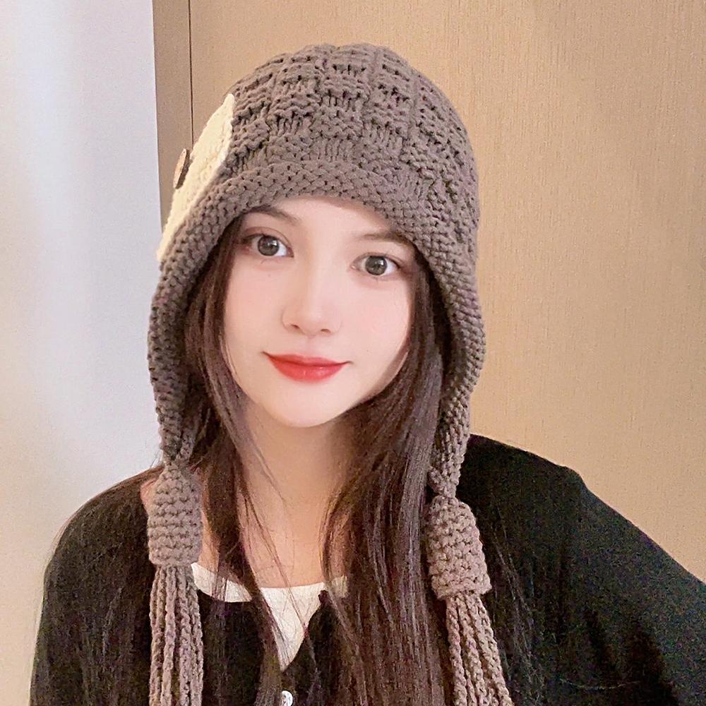Korean Version Trend Tassel Warm Hat for Women Autumn and Winter Handmade Knitted Wool Hat Versatile Ear Protection Hat