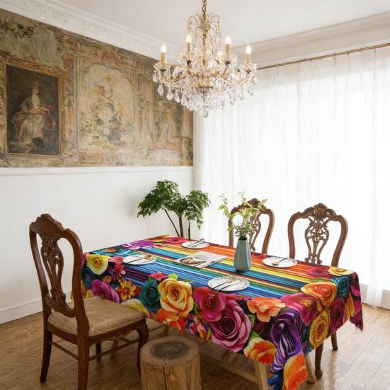 Мексиканская Цветочная Скатерть Прямоугольная Скатерть с Узором в Стиле Народного Искусства с Зубчатым Краем Цветная Цветочная Покрышка для Обеденного Стола Декор для Вечеринки