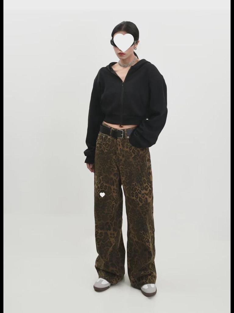 2023 Новые американские джинсы прямого покроя с леопардовым принтом в стиле ретро для мужчин и женщин - модные повседневные брюки осень/зима