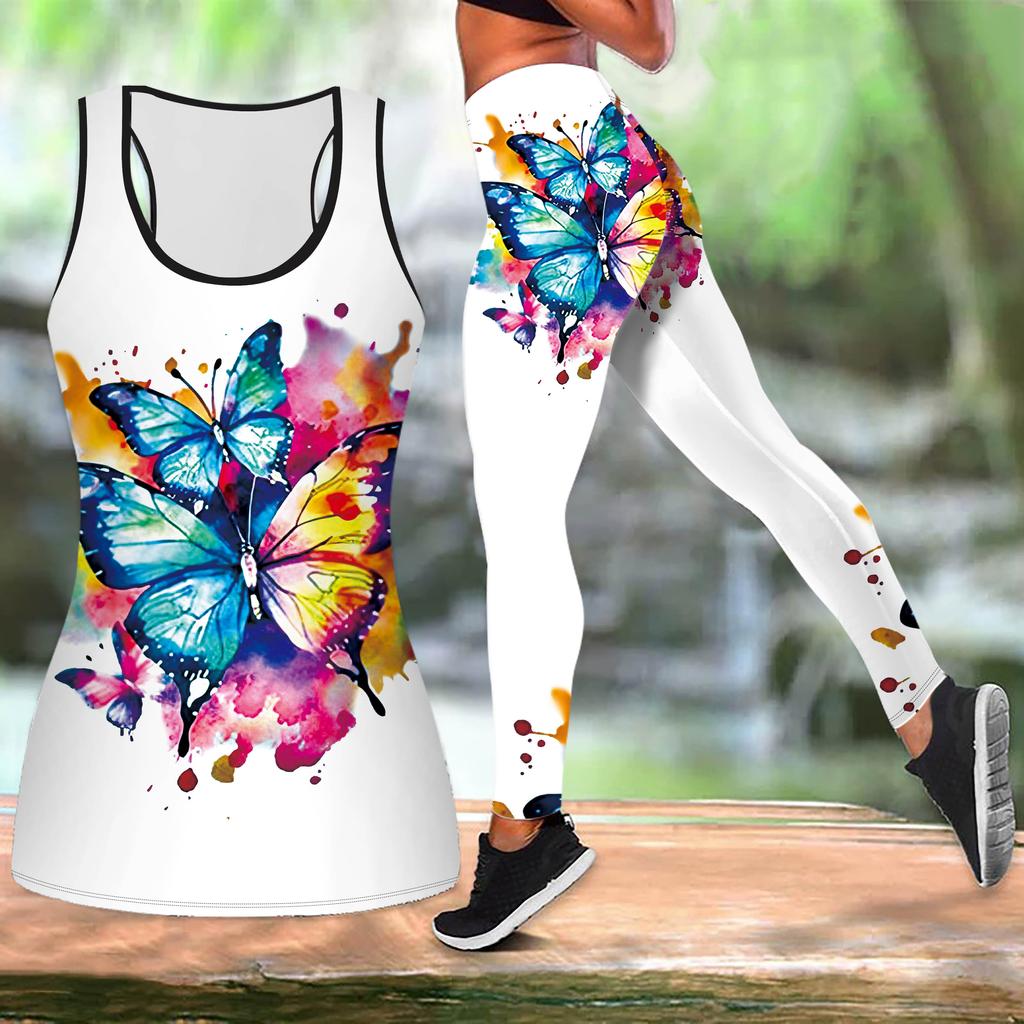 Наряд для йоги с принтом граффити и бабочек для женщин, модные леггинсы для тренировок, фитнес-спорт, повседневный комплект для йоги, спортивный костюм