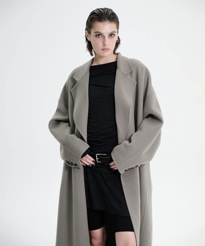 Treemingbird Handmade) Wide Long Coat [ Khaki Gray ]