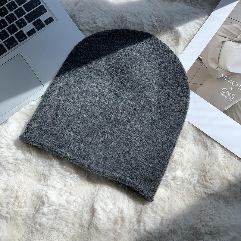 Grey crimped knitted wool hat women's autumn and winter face small pile hat big head circumference ear protection warm pullover couple hat