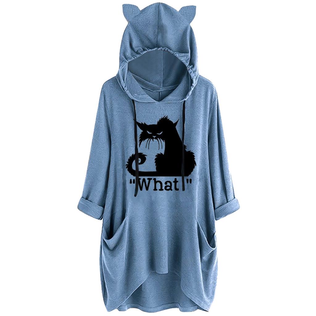 Женская повседневная блузка с кошачьими ушками и капюшоном с длинными рукавами и карманами
