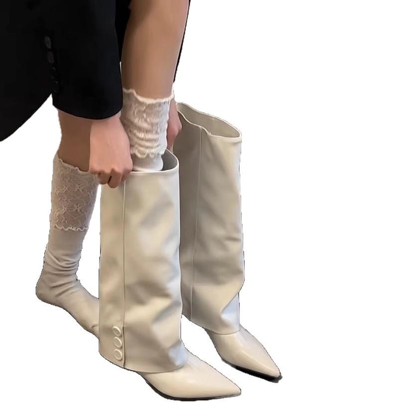 Фабрика производит товары~ Молочно-белые сапоги-трубы 2025 осень и зима Корейский нишевый стиль Spice Girl острый носок большой обхват голенища модный
