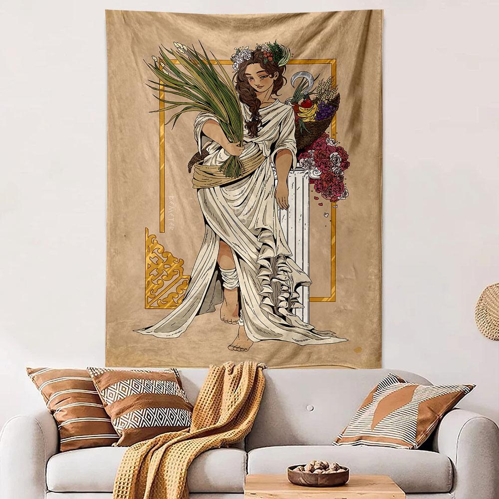 A woman in flowing white attire holds plants, surrounded by fruits and flowers. Patterned tapestry for bedroom and living room home decor