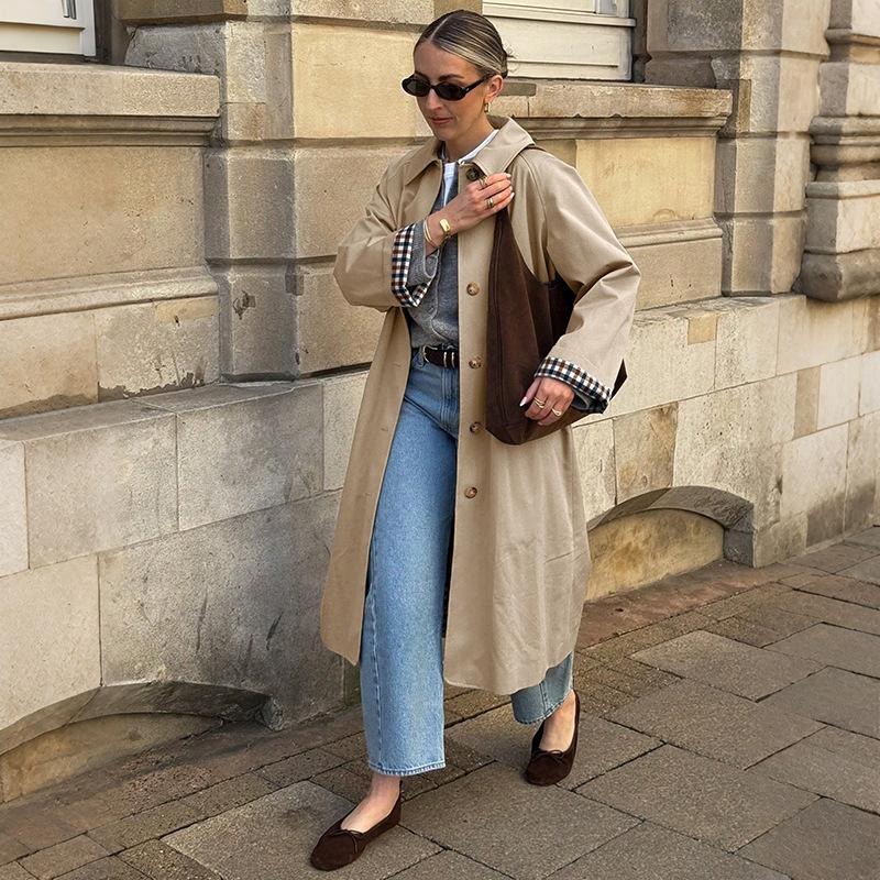 2025 Новый Повседневный Стиль для Поездок Ветровка Очень Длинная Клетчатая Вставка Лацкан Ветровка Куртка для Женщин