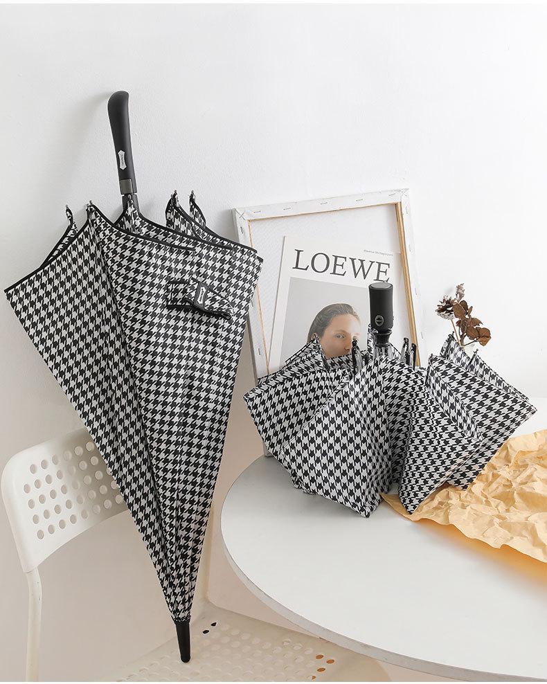 PARACHASE Легкий ветрозащитный зонт в гусиную лапку - Длинная ручка, корейский стиль, защита от солнца и дождя, складной дизайн.