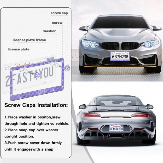 2 шт. Рамки для номерных знаков для женщин, Блестящие стразы, Алмазные автомобильные аксессуары с блестящими хрустальными колпачками (фиолетовый (2PCS))