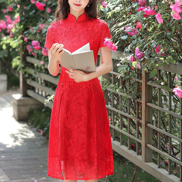 Кружевное повседневное платье Cheongsam средней длины Ao Dai, улучшенное тонкое платье в китайском стиле в стиле ретро
