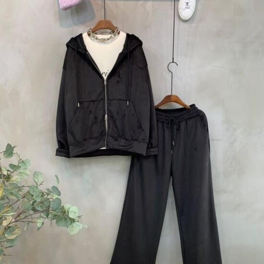 C S In The Room Women mInk Corduroy Two Way Hooded Zip Up bandIng Wide pantS Set