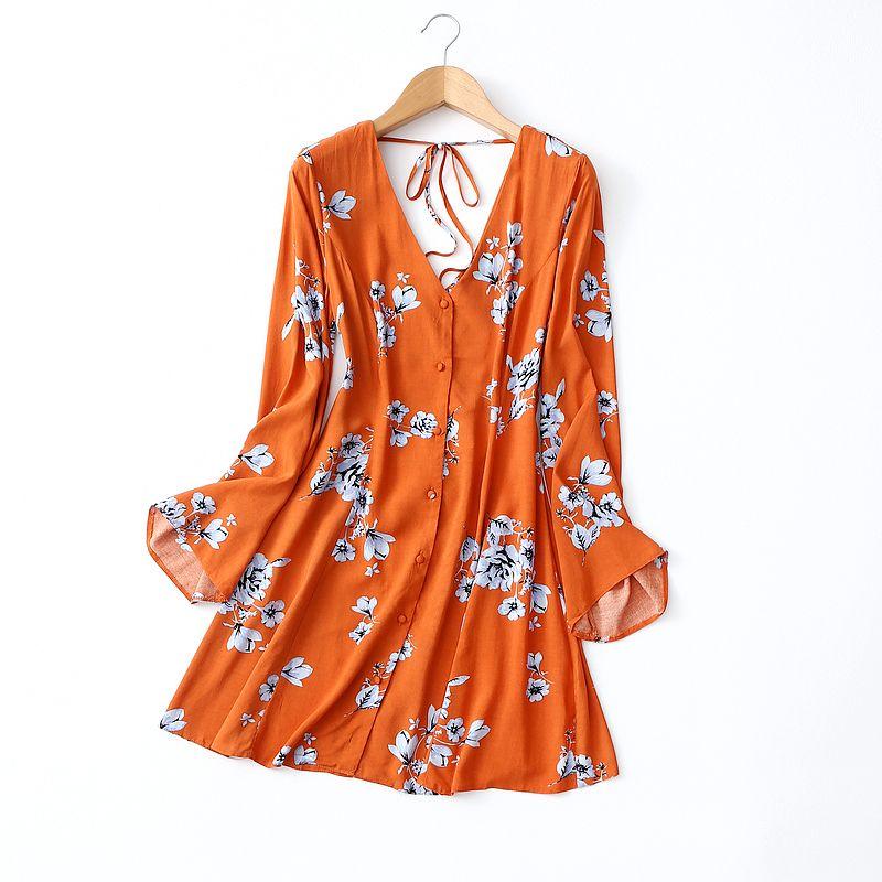 Foreign Trade Original Order Neckline Strap Sexy Pairs V-neck Flared Sleeves Print Noil Poplin Dress Artificial Cotton Skirt