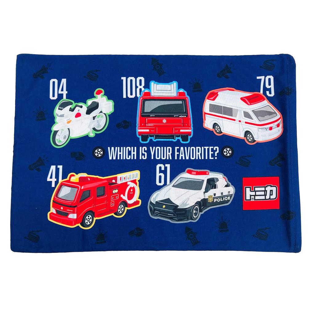 MORIPiLO Tomica Pillowcase (Tomica Emergency Vehicle Soft Peach Skin) Junior Size for Kids, Blue, 35x50cm, Zippered, Washable, Small, Cute, Plush Toy