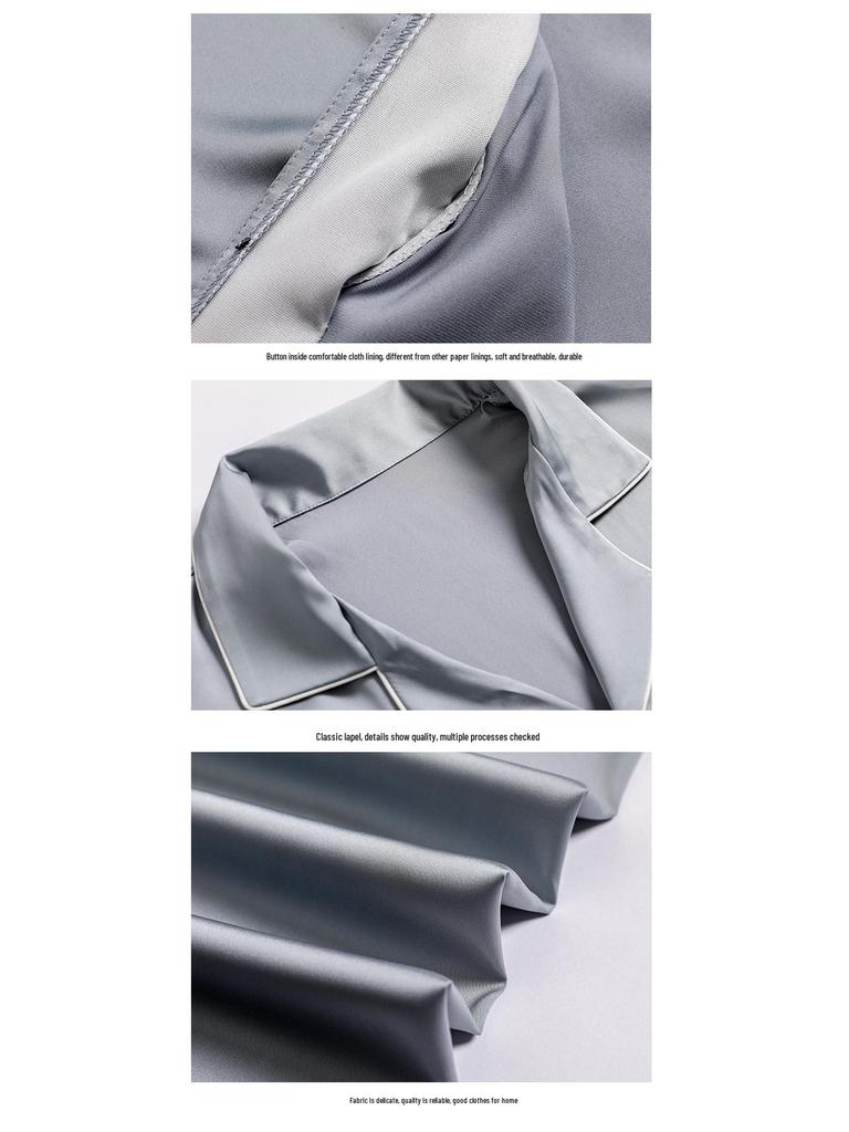 Мужской повседневный летний шелковый пижамный комплект - топ с коротким рукавом и длинные брюки с кружевной отделкой